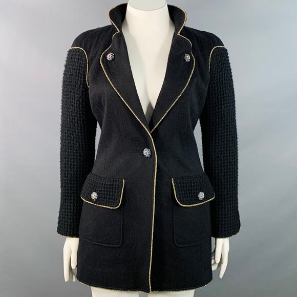 CHANEL Pre-Fall 2015 Size 10 Black Gold Wool Waffle Notch Lapel Jacket - Picture 1 of 12